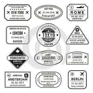 Passport stamp set. Different countries airport visa stamp. Custom control cachet. New York, Rome, Amsterdam, London, Barcelona. photo